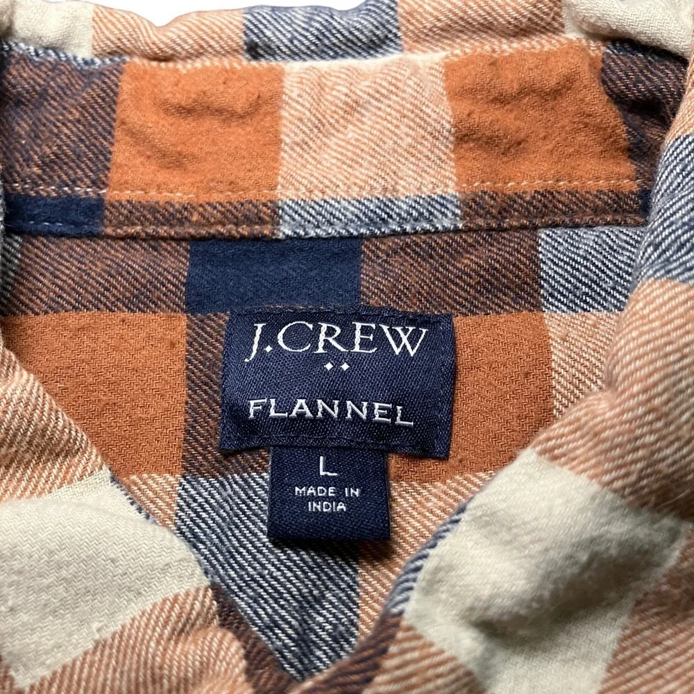 J. Crew Mens Large Flannel Button Down Shirt Brown Green Plaid  Long Sleeve